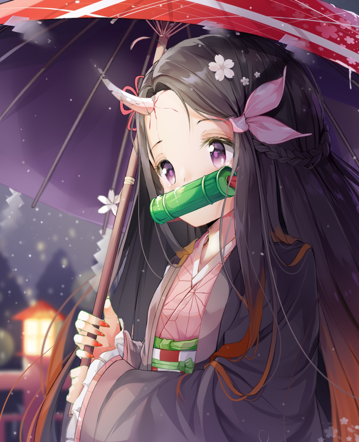 blood chintora0201 horns japanese_clothes kamado_nezuko kimetsu_no_yaiba umbrella