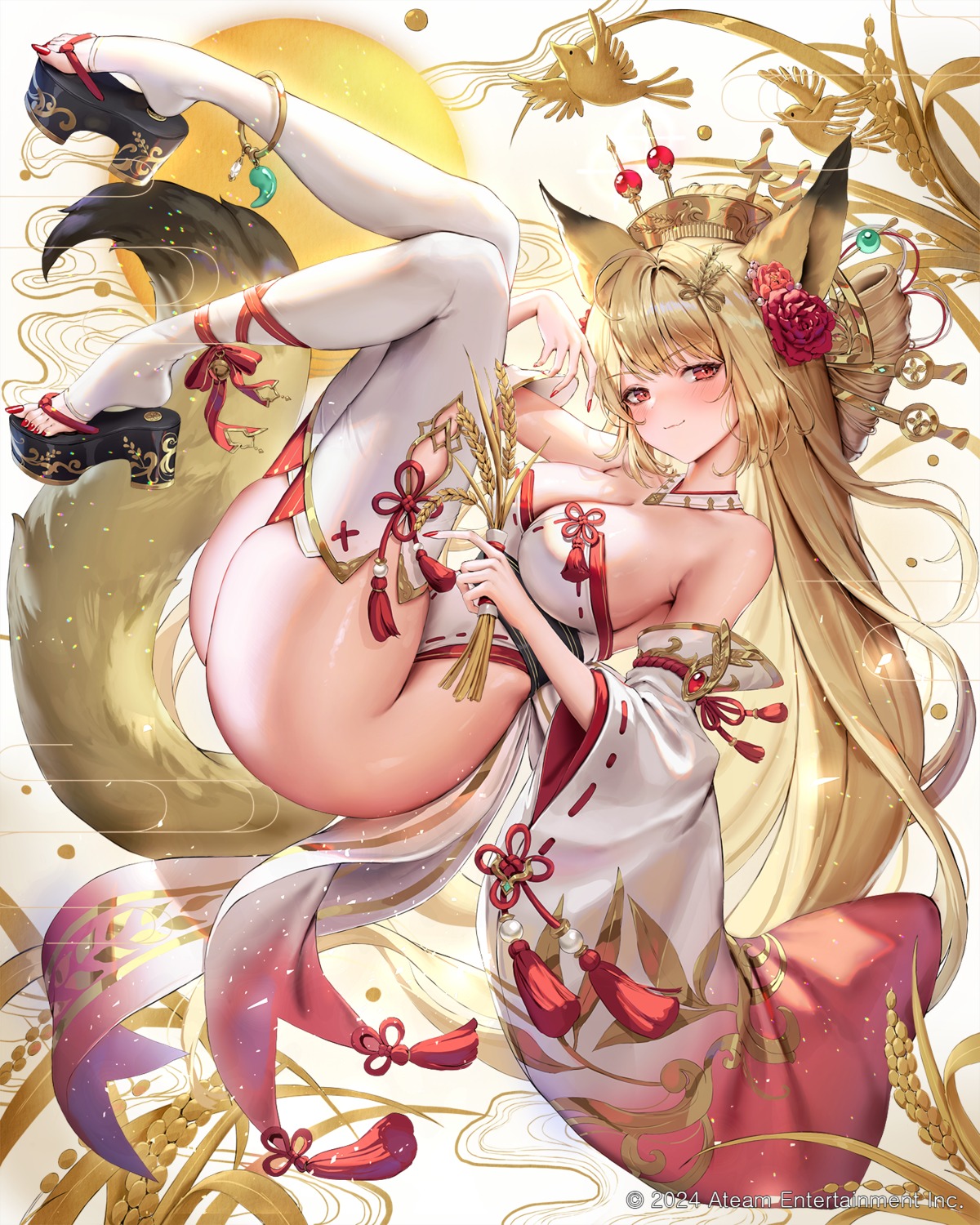 animal_ears heels jademoon japanese_clothes kitsune leotard no_bra tail thighhighs