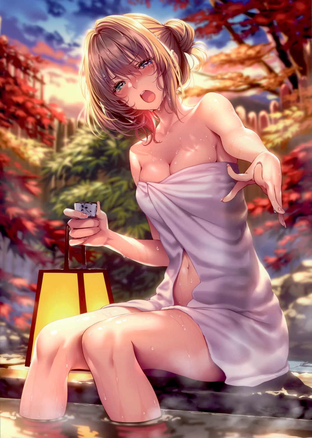 heterochromia naked onsen piromizu sake takagaki_kaede the_idolm@ster the_idolm@ster_cinderella_girls towel wet