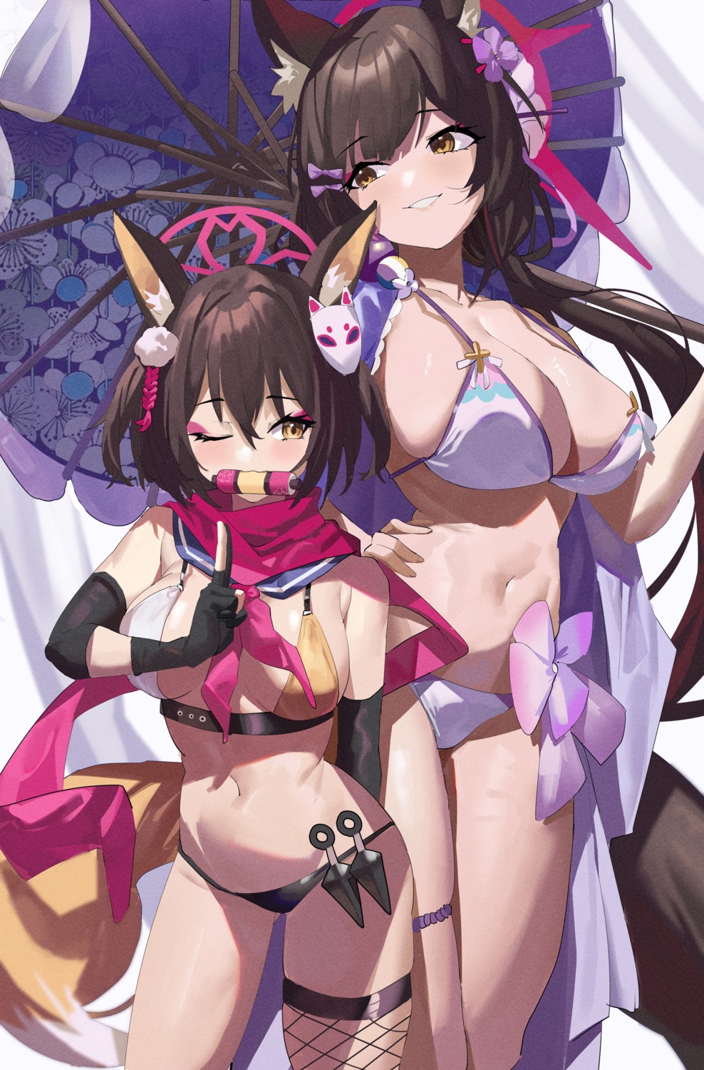 animal_ears bikini blue_archive feipin_zhanshi fishnets garter halo kitsune kosaka_wakamo kuda_izuna ninja swimsuits tail thighhighs umbrella weapon