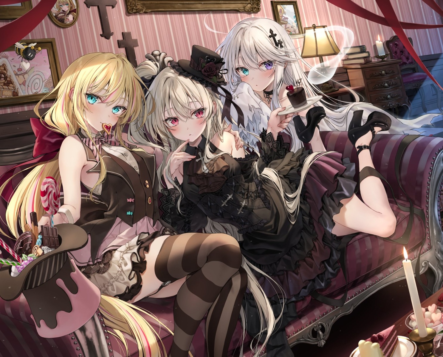 dress gothic_lolita halloween heels heterochromia kakao_rantan lolita_fashion see_through skirt_lift stockings thighhighs torn_clothes