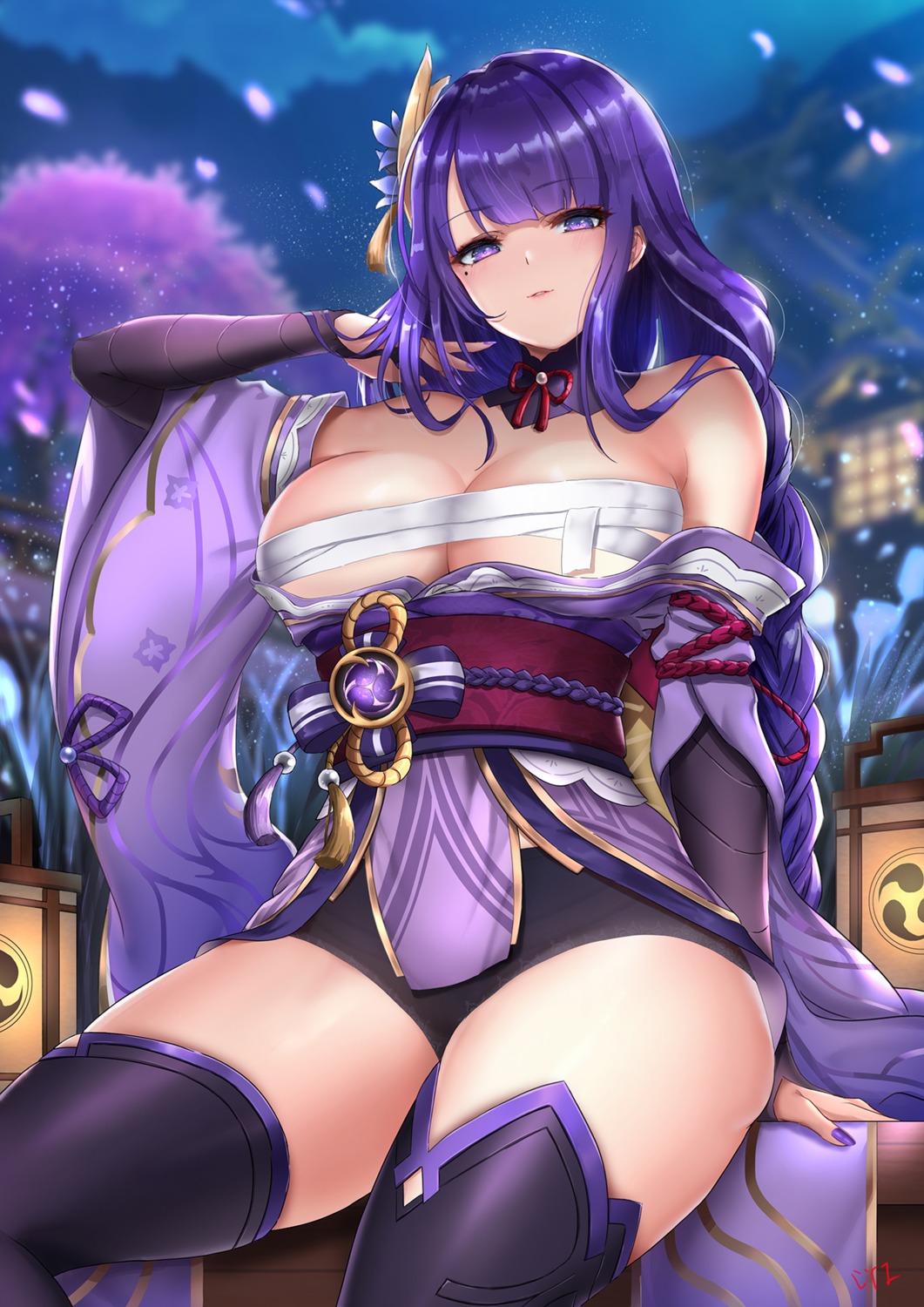 cyicheng genshin_impact japanese_clothes open_shirt raiden_shogun sarashi thighhighs