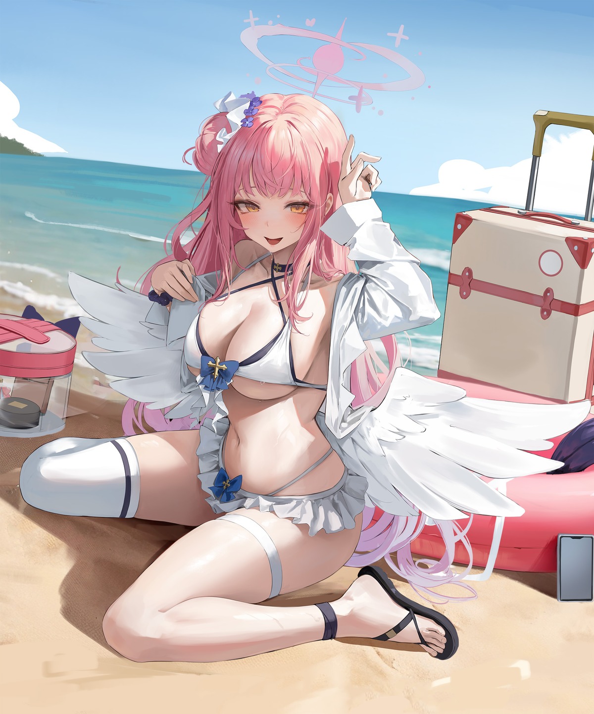 angel bikini blue_archive dress_shirt garter hiki_niito misono_mika open_shirt swimsuits thighhighs undressing wings