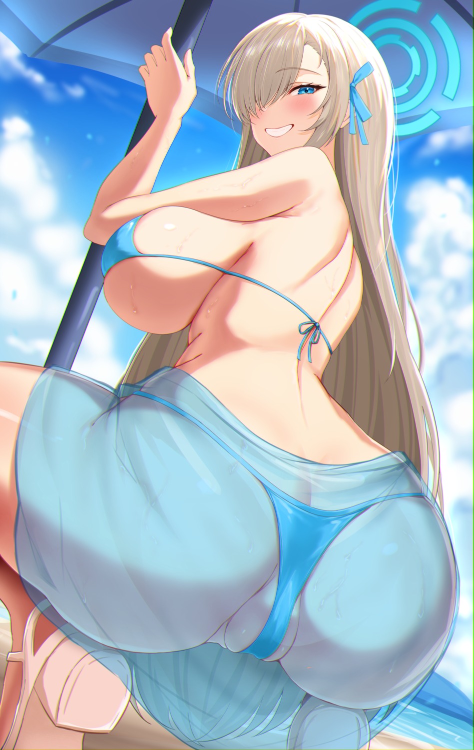 ass bikini blue_archive cameltoe halo heels ichinose_asuna roina_(effj7473) see_through swimsuits thong wet