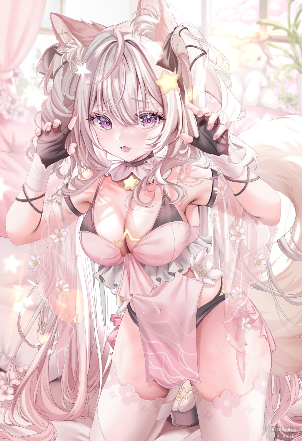 animal_ears annytf bra indie_virtual_youtuber isari_sensei kitsune pantsu see_through tail thighhighs