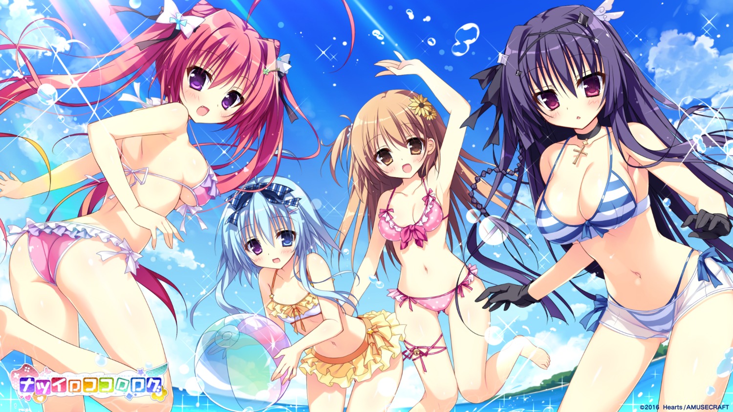 ass bikini cleavage hearts heterochromia nagi_kisara nanakuni_kotone natsuiro_kokoro_log ominae_rin see_through shiromochi_sakura swimsuits tokiwa_kuon underboob wallpaper