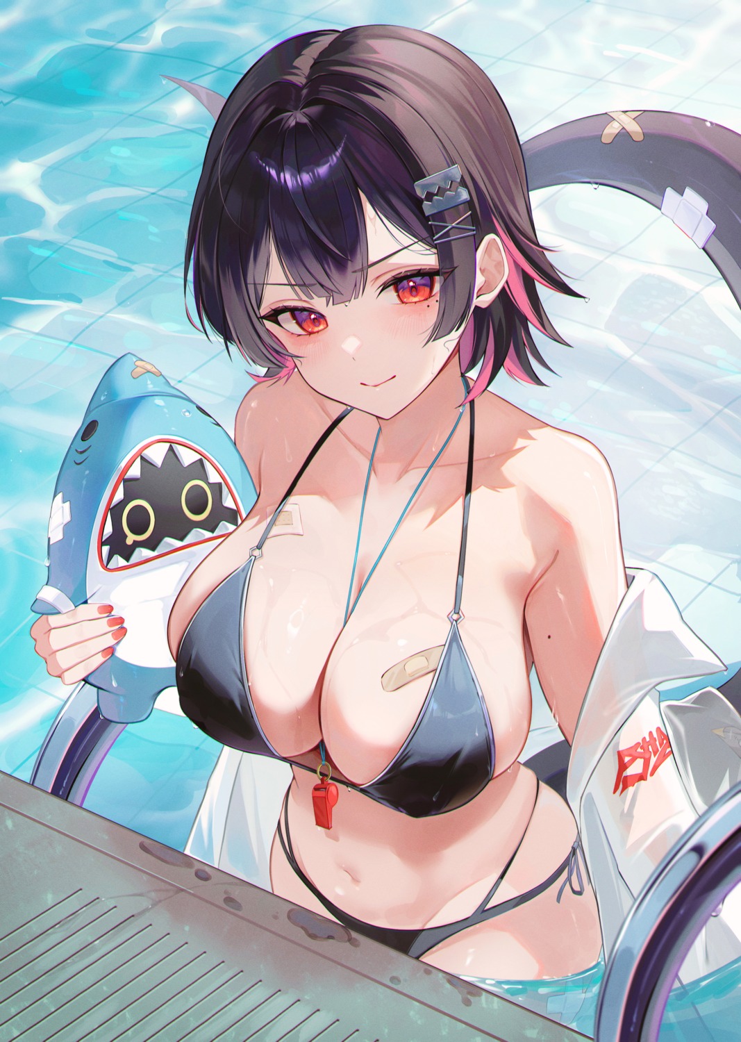 bandaid bikini ellen_joe jaduade open_shirt see_through swimsuits tail wet zenless_zone_zero