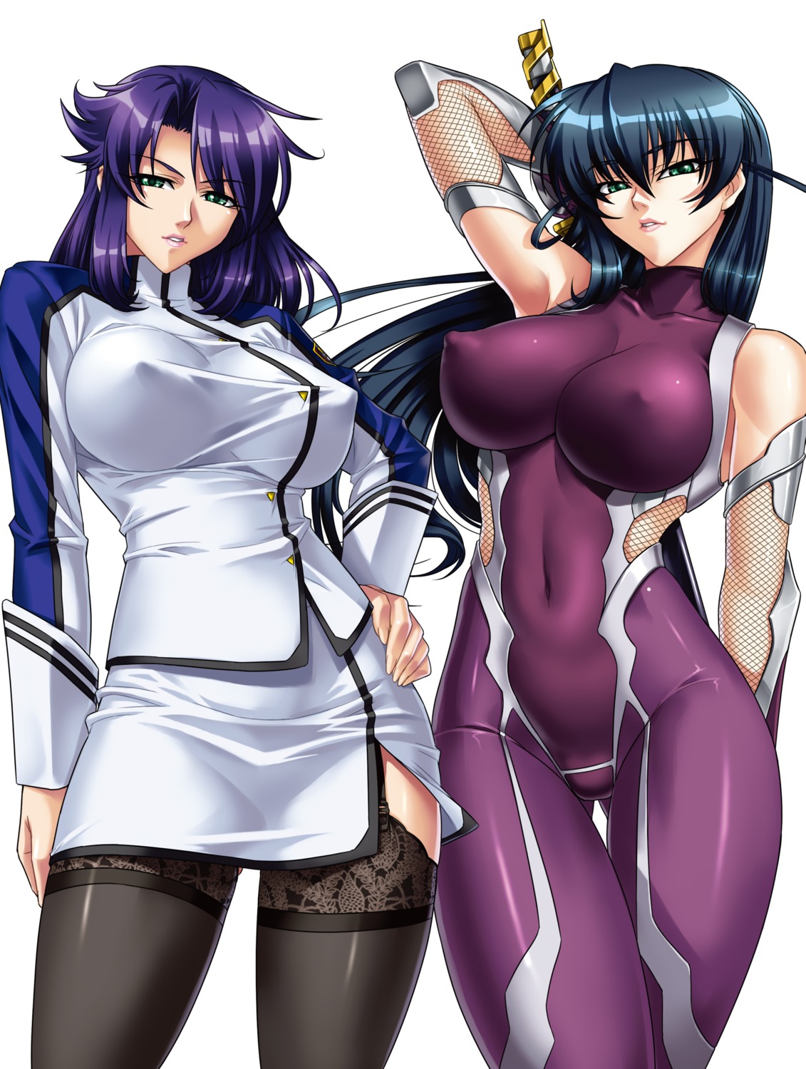 bodysuit crossover erect_nipples fishnets igawa_asagi kagami kangoku_senkan lilith_soft ninja rieri_bishop stockings sword taimanin_asagi thighhighs