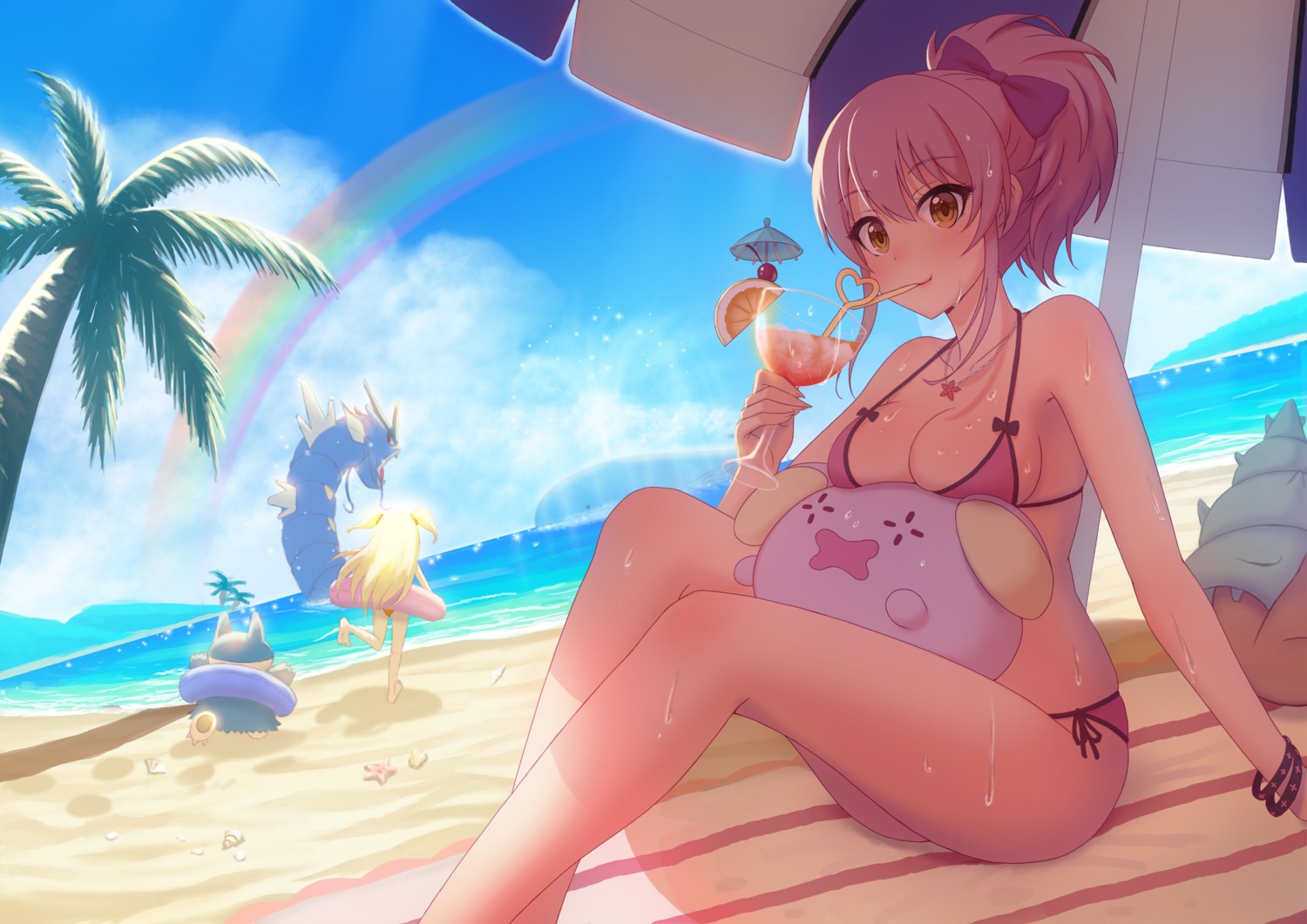 bikini cleavage fukuro_ko_(greentea) gyarados jougasaki_mika jougasaki_rika munchlax pokemon slowbro swimsuits the_idolm@ster the_idolm@ster_cinderella_girls whismur