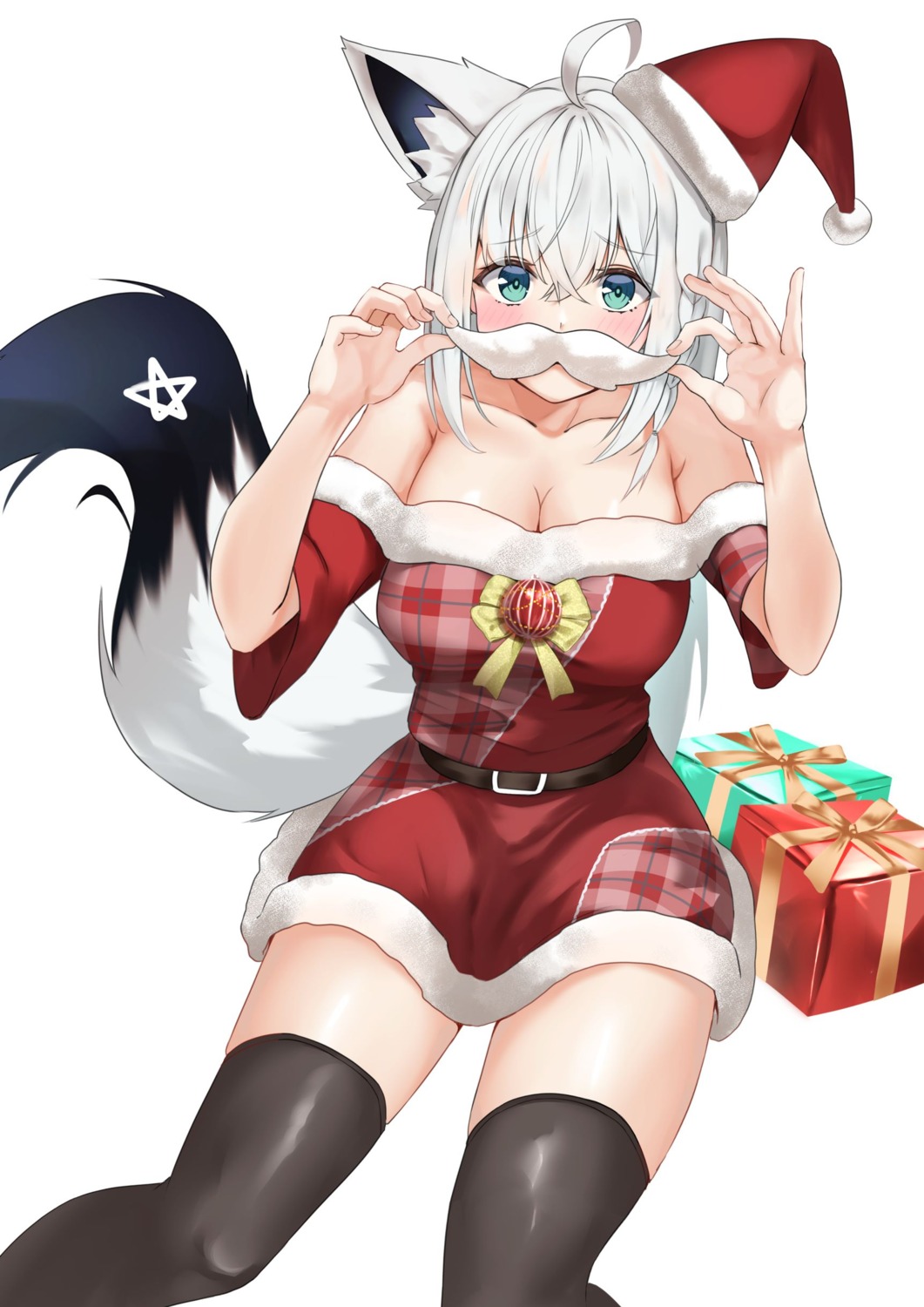 animal_ears christmas dress hololive hololive_gamers kitsune micon no_bra shirakami_fubuki tail thighhighs