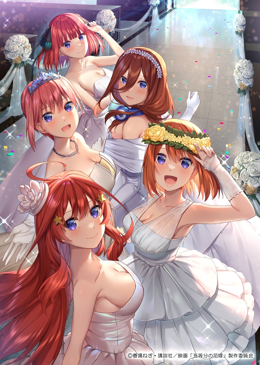 5-toubun_no_hanayome dress headphones nakano_ichika nakano_itsuki nakano_miku nakano_nino nakano_yotsuba niwatoryyyyyy no_bra see_through wedding_dress