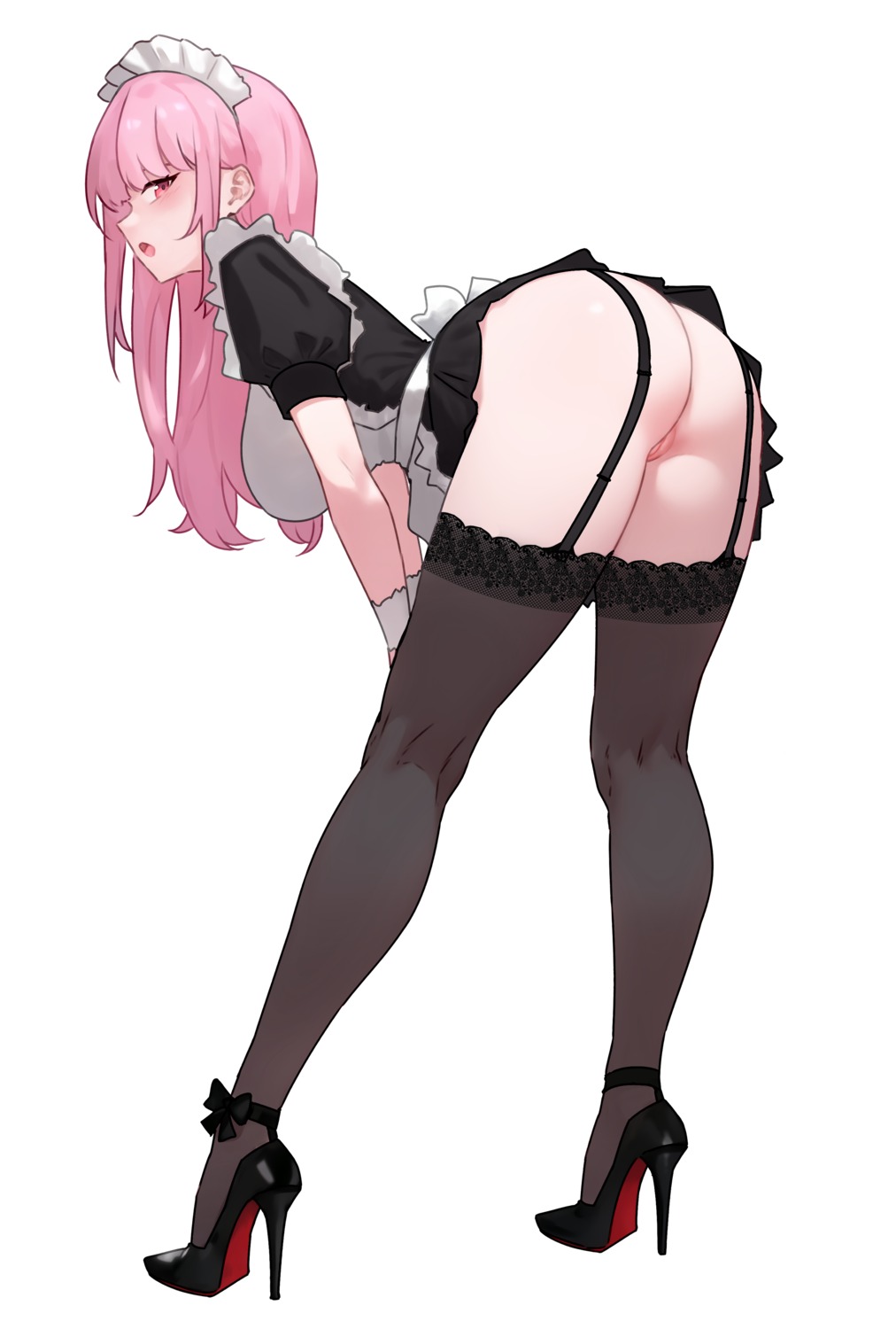ass bluefield heels hololive hololive_english maid mori_calliope nopan pussy skirt_lift stockings thighhighs uncensored