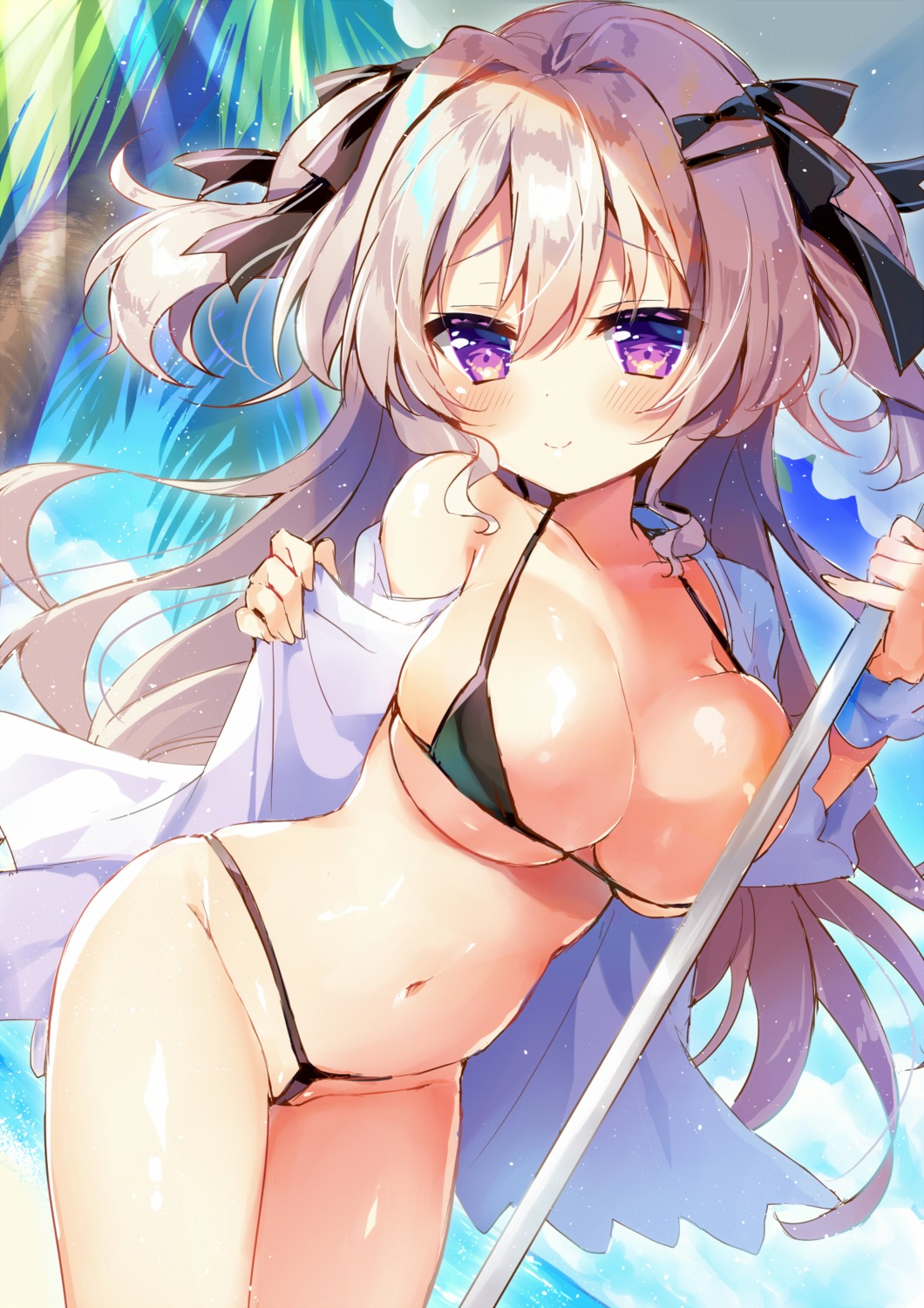 bikini breasts cleavage natsuki_marina open_shirt swimsuits thong underboob wardrobe_malfunction