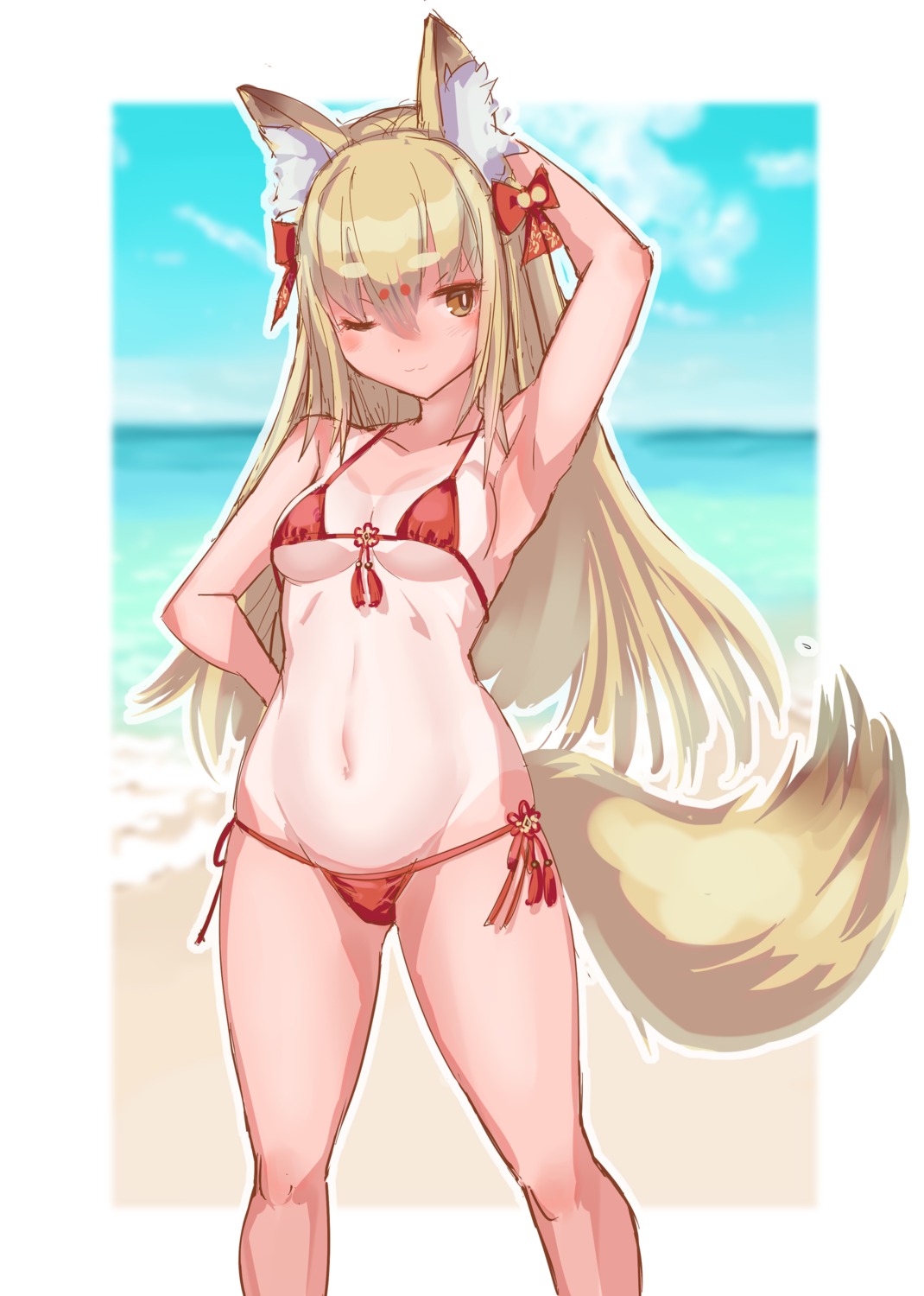 animal_ears bikini kitsune serizawa_(knight2020) swimsuits tail tan_lines