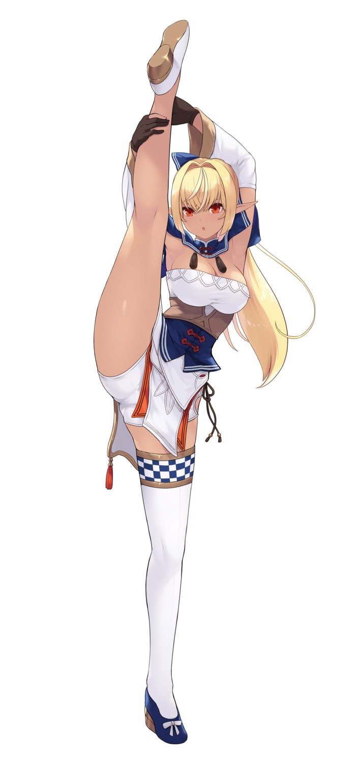 asian_clothes cait elf hololive no_bra pointy_ears shiranui_flare thighhighs