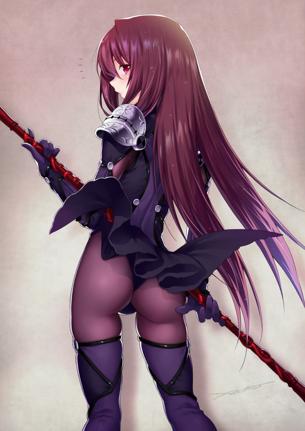 armor ass bodysuit fate/grand_order kazuma_muramasa scathach_(fate/grand_order) skirt_lift thighhighs weapon