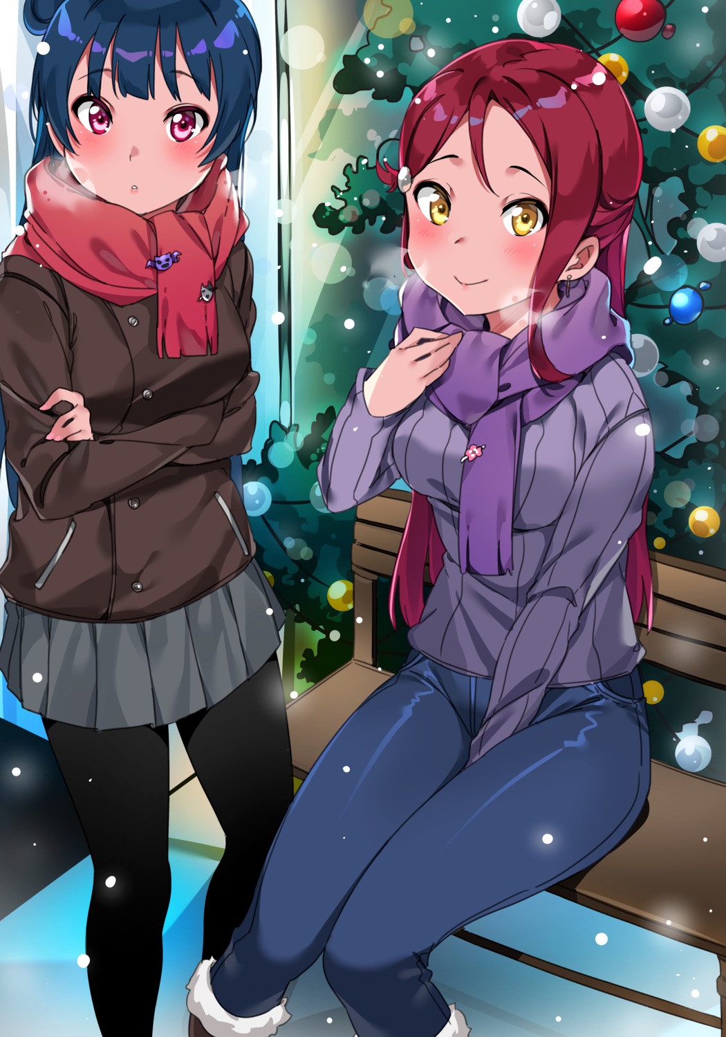 breast_hold christmas love_live!_sunshine!! pantyhose sakurauchi_riko sweater tem10 tsushima_yoshiko