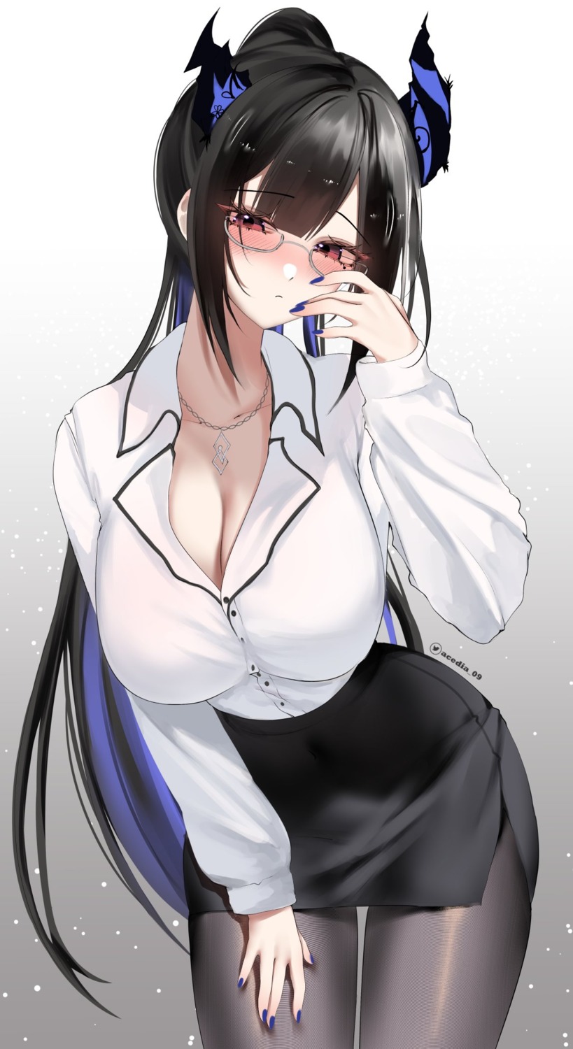 acedia cleavage dress_shirt hololive hololive_english horns megane nerissa_ravencroft open_shirt pantyhose