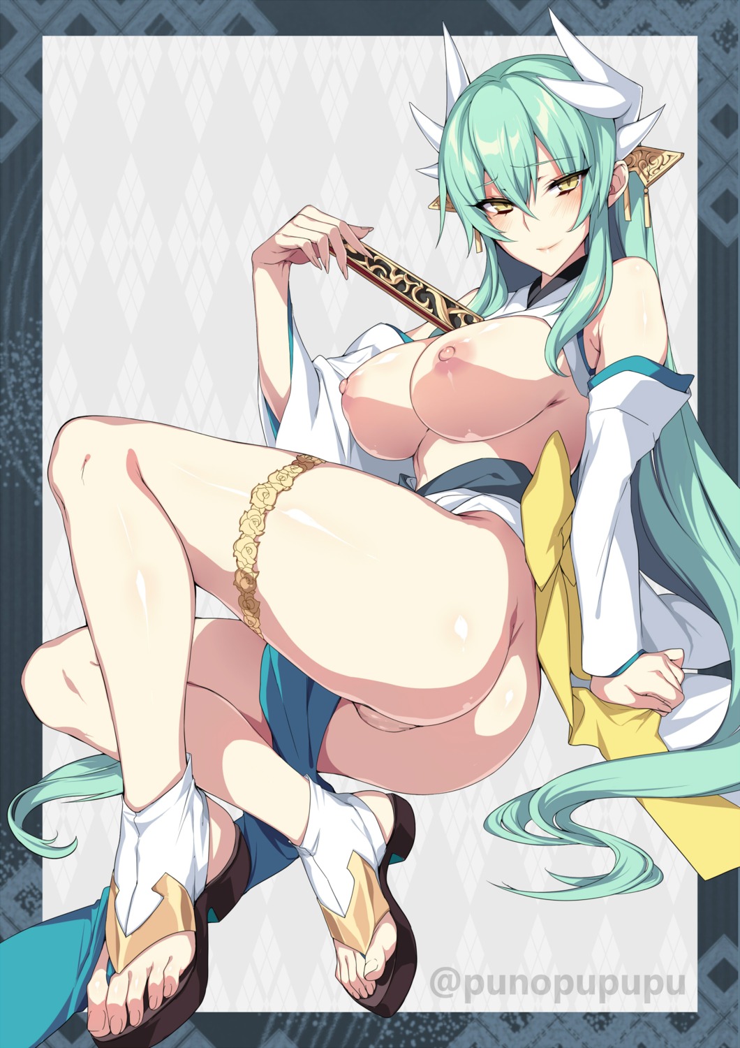 ass breasts censored fate/grand_order garter horns japanese_clothes kiyohime_(fate/grand_order) nipples no_bra official_watermark pussy skirt_lift wada_masanori