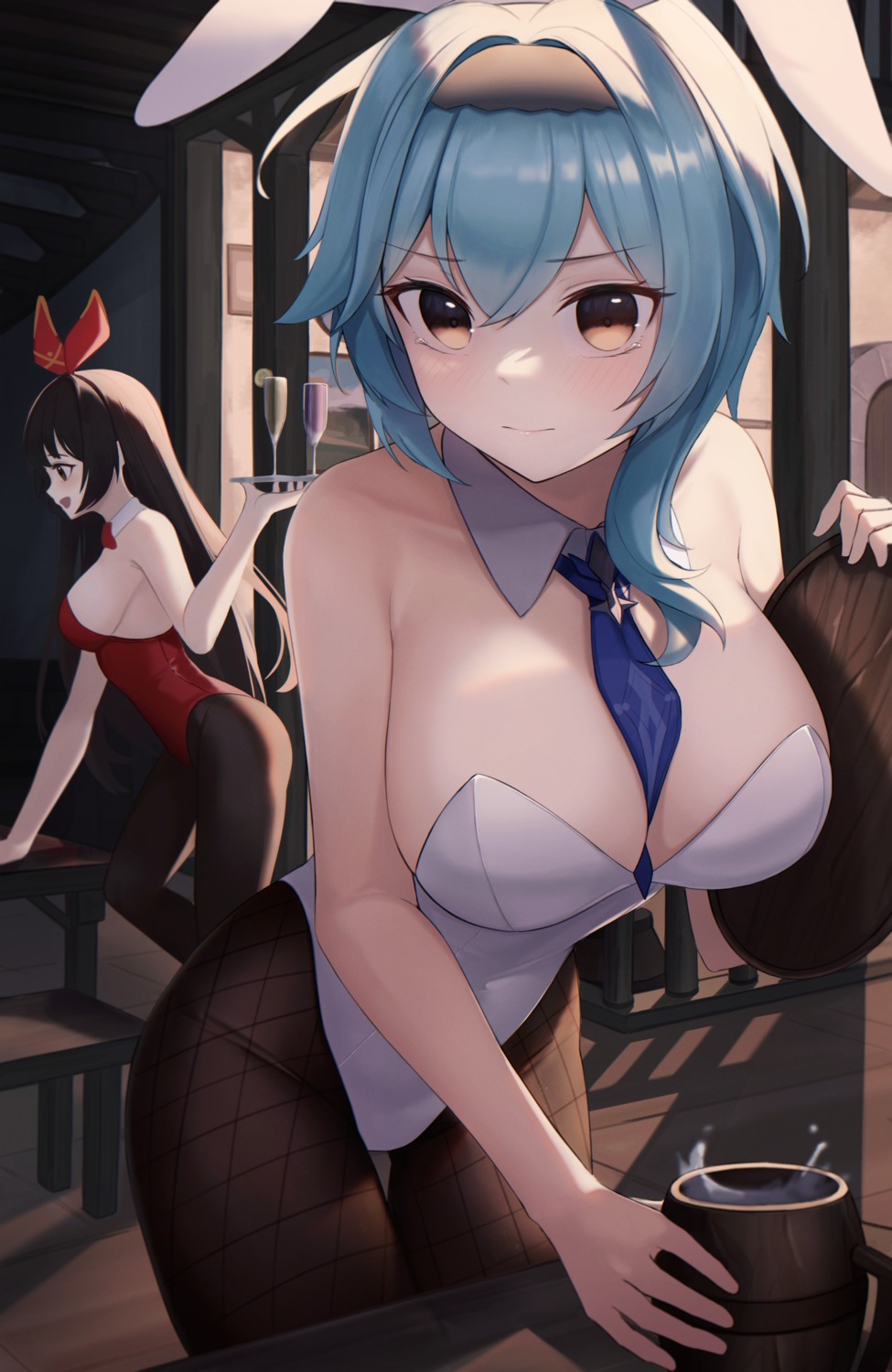 amber_(genshin_impact) animal_ears bunny_ears bunny_girl eula fishnets g_home genshin_impact no_bra pantyhose waitress