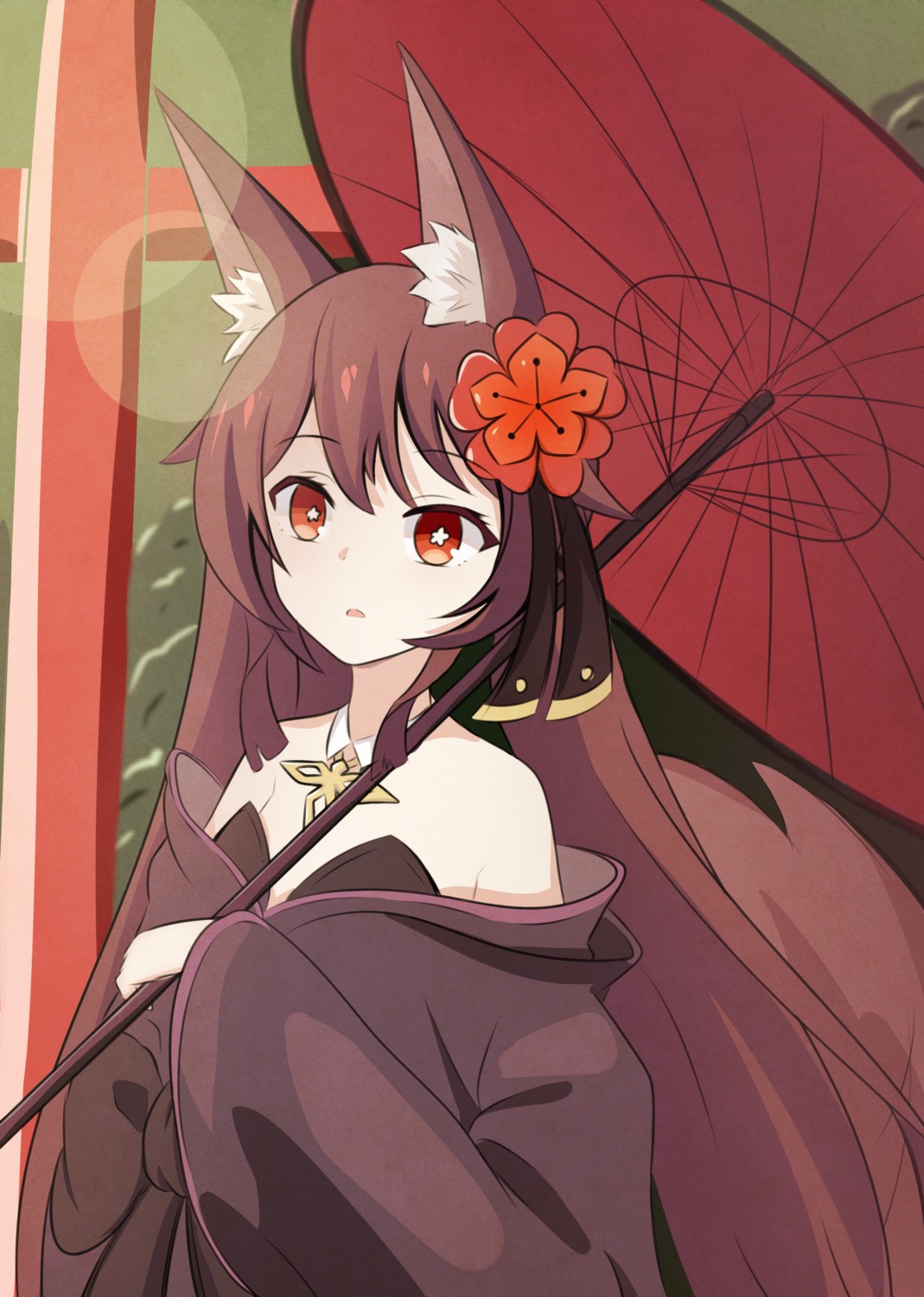 animal_ears asian_clothes genshin_impact hu_tao kitsune no_bra tagme tail umbrella