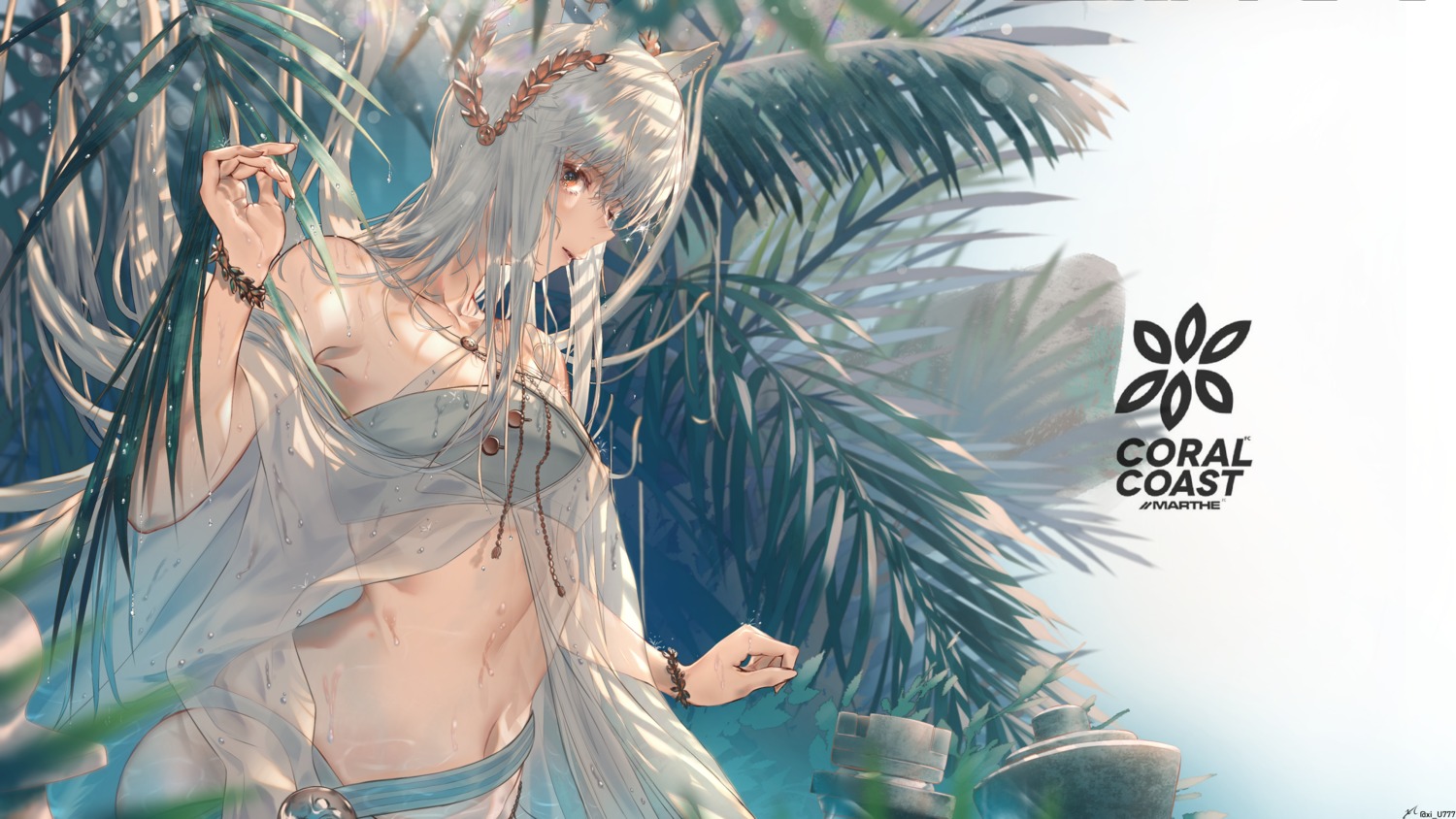 animal_ears arknights bikini_top open_shirt platinum_(arknights) see_through swimsuits wet xi-u