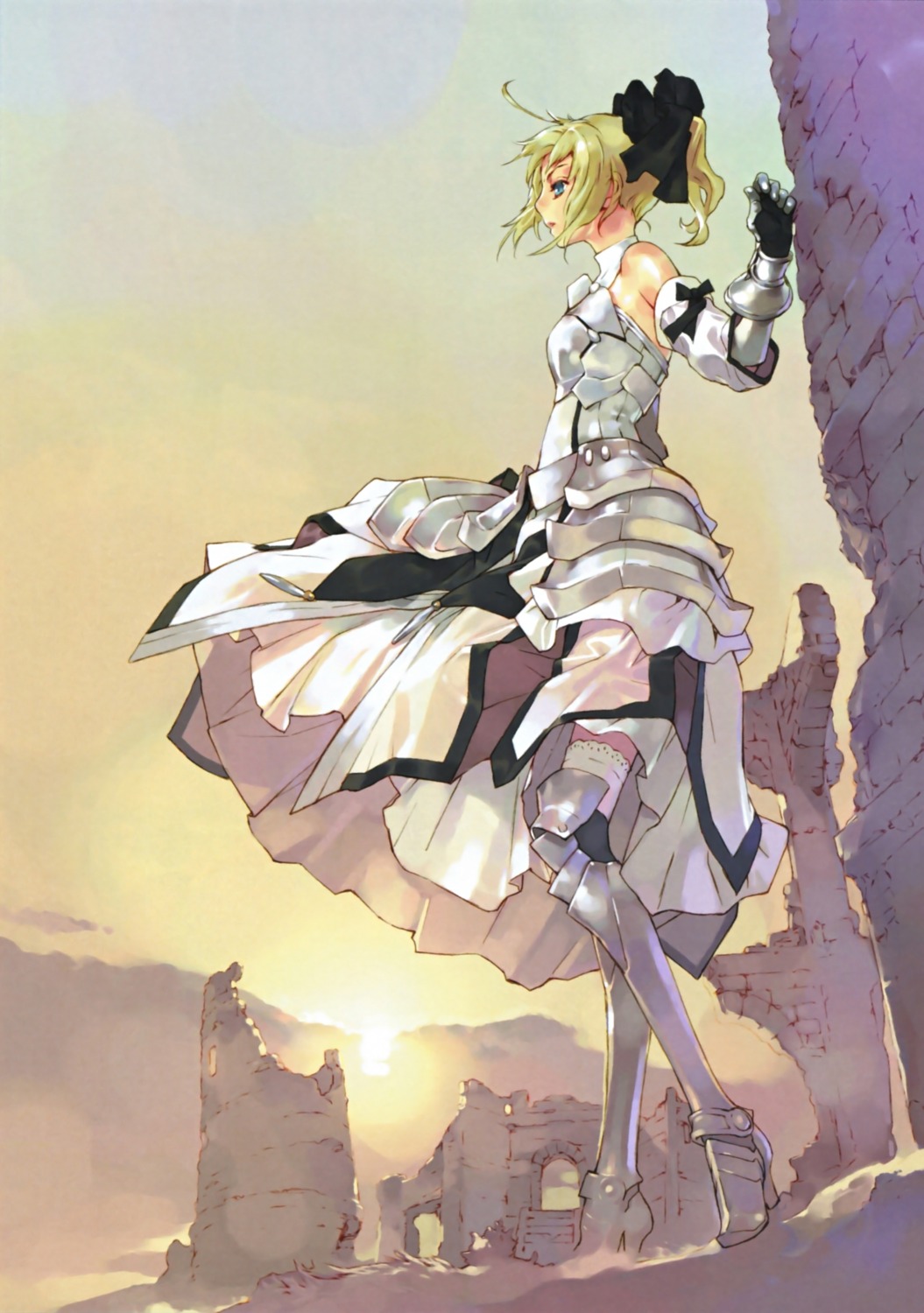 armor dress fate/stay_night fate/unlimited_codes okazaki_takeshi saber saber_lily thighhighs type-moon