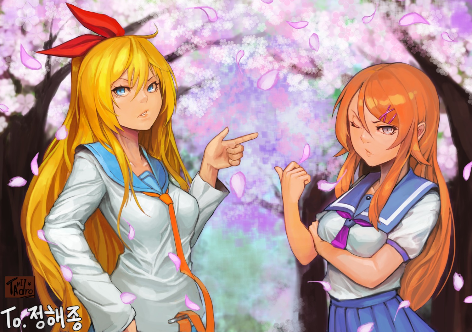 crossover kirisaki_chitoge kousaka_kirino nisekoi ore_no_imouto_ga_konnani_kawaii_wake_ga_nai seifuku tamidro