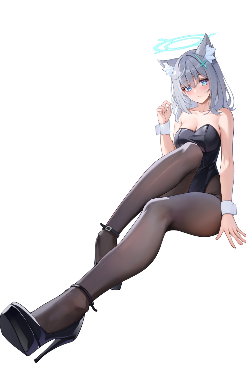 animal_ears blue_archive halo heels leotard menck5428 nekomimi no_bra pantyhose sunaookami_shiroko