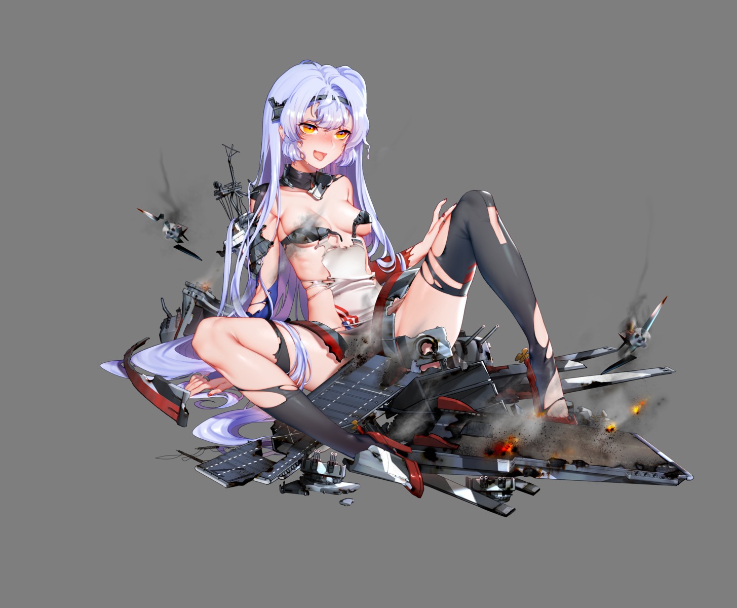 battleship_girl bikini_armor heels quuni thighhighs torn_clothes transparent_png uss_bunker_hill_(cv-17)