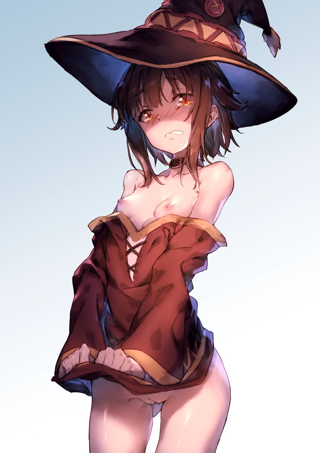 breasts kono_subarashii_sekai_ni_shukufuku_wo! loli megumin nipples no_bra nopan pussy redcomet skirt_lift witch