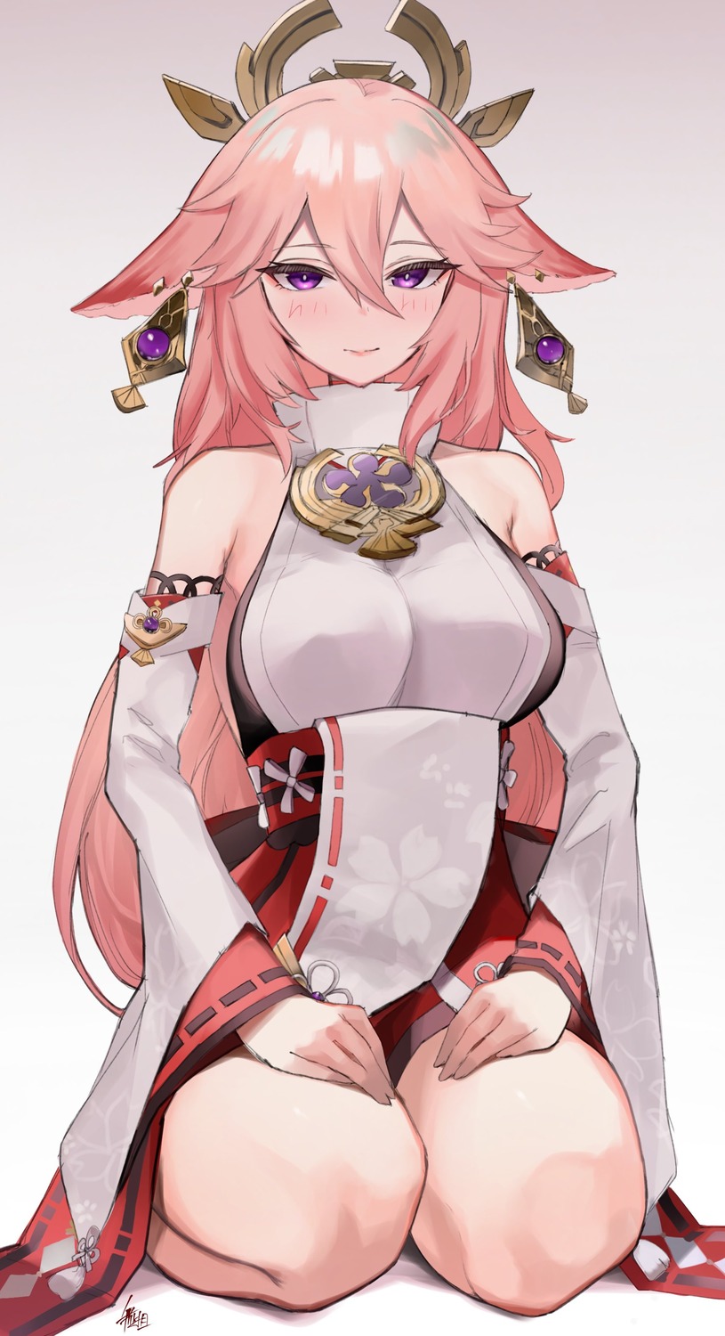 animal_ears erect_nipples genshin_impact japanese_clothes kataku_musou kitsune no_bra yae_miko