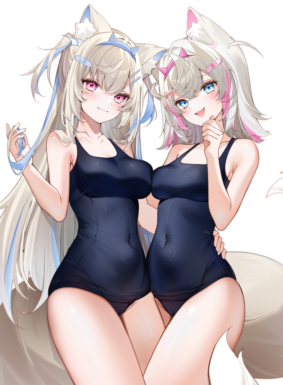 animal_ears bandaid fuwawa_abyssgard hololive hololive_english inumimi mococo_abyssgard school_swimsuit swimsuits symmetrical_docking tail yukineko1018