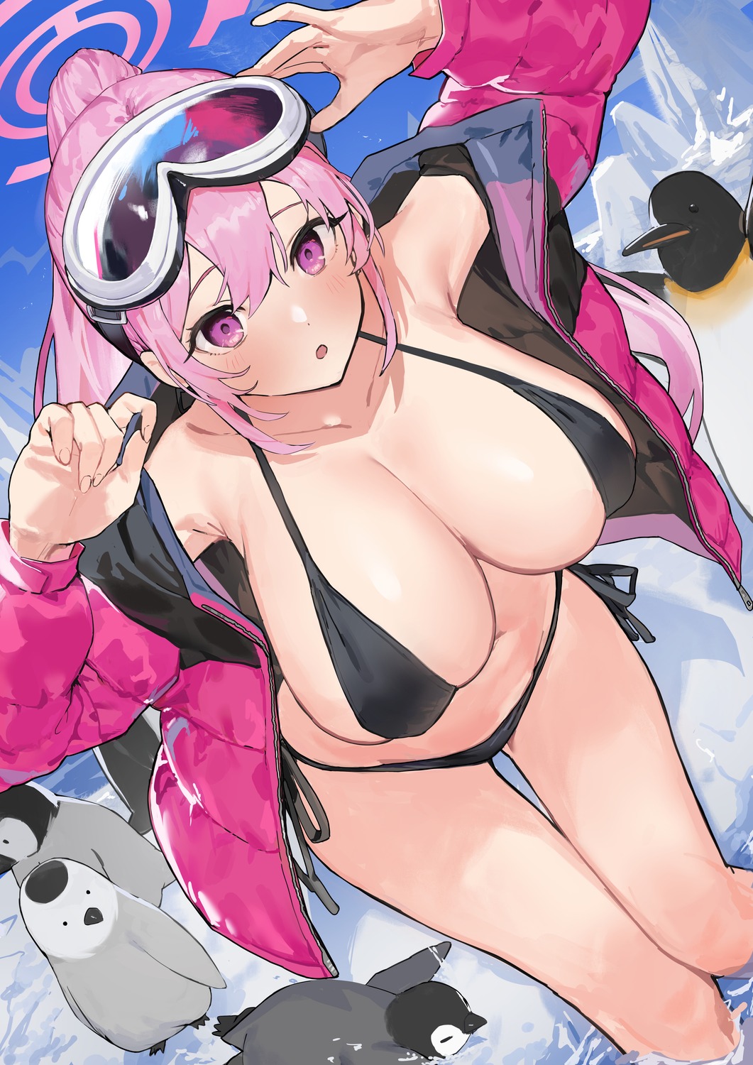 bikini blue_archive halo izumimoto_eimi open_shirt penguin swimsuits yakihoko