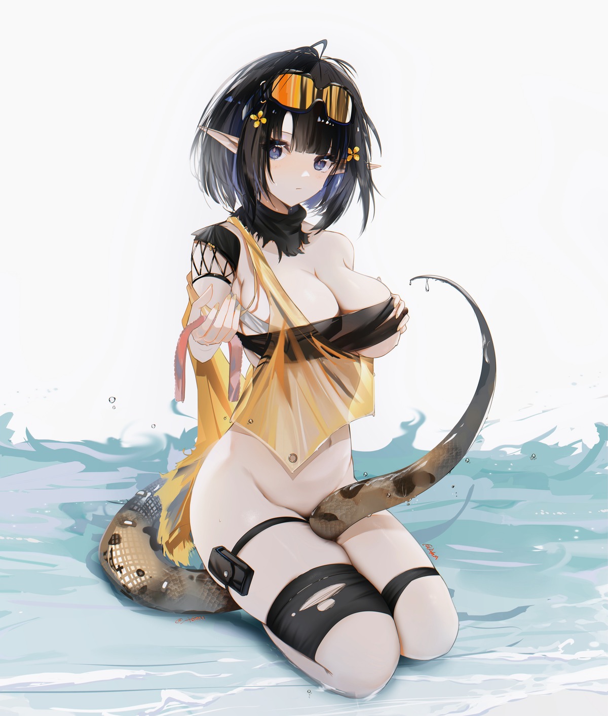 arknights bottomless breast_hold eunectes_(arknights) garter megane no_bra omone_hokoma_agm pointy_ears see_through tail torn_clothes wet