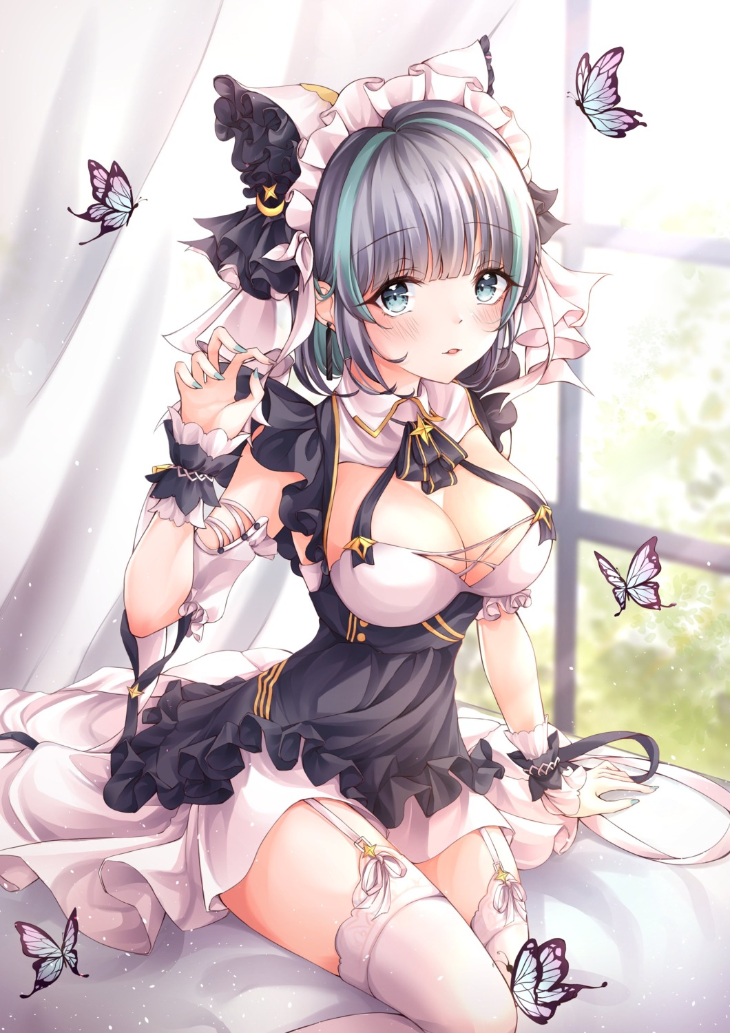 azur_lane cheshire_(azur_lane) cleavage maid no_bra pippin_sol stockings tail thighhighs