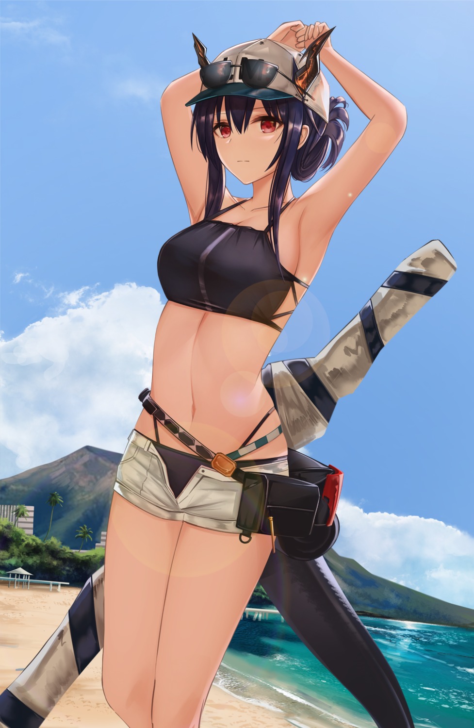arknights bikini blitzkrieg_(index_unknown) ch'en_(arknights) horns megane swimsuits tail weapon