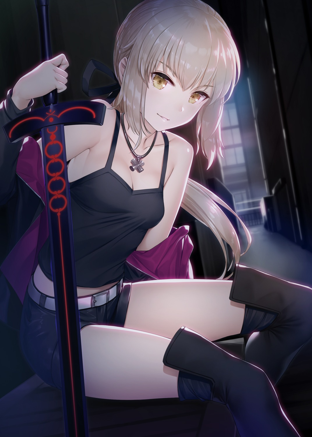 cleavage fate/grand_order nonderi saber saber_alter sword thighhighs