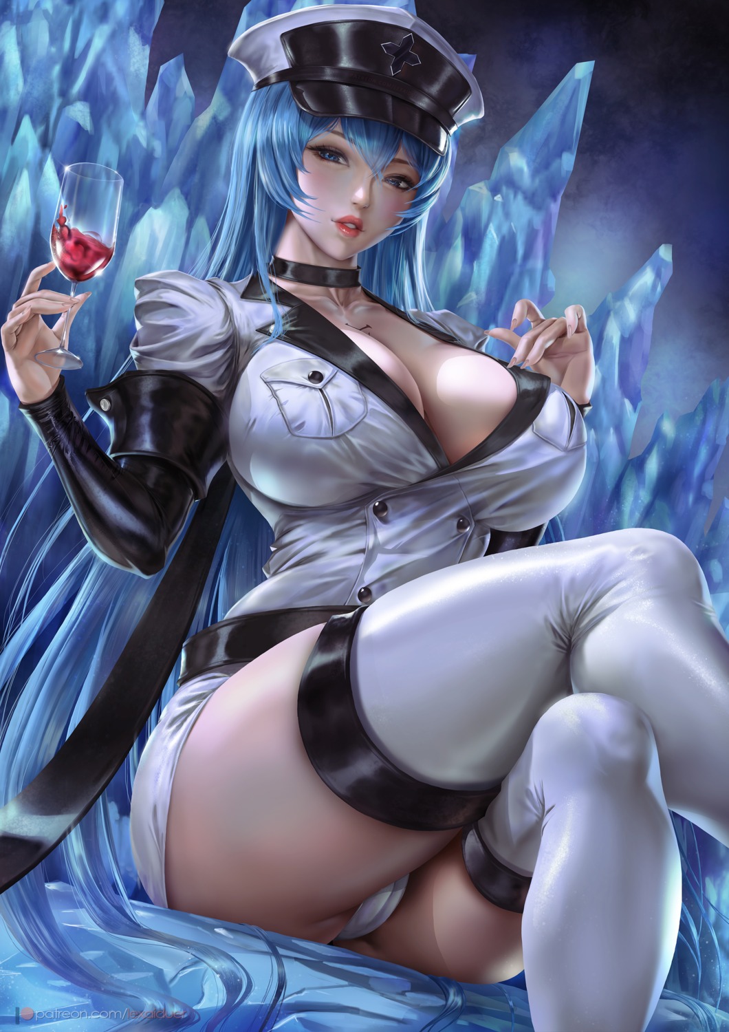 akame_ga_kill! cameltoe cleavage esdeath lexaiduer no_bra open_shirt pantsu skirt_lift tattoo thighhighs uniform