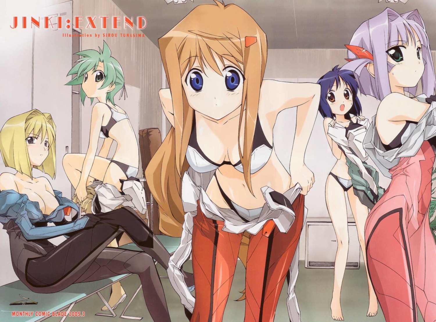 bodysuit bra cleavage hiiragi_akao jinki jinki_extend kawamoto_satsuki kousaka_rui mel_j_vanette pantsu tachibana_elnie tsunashima_shirou undressing