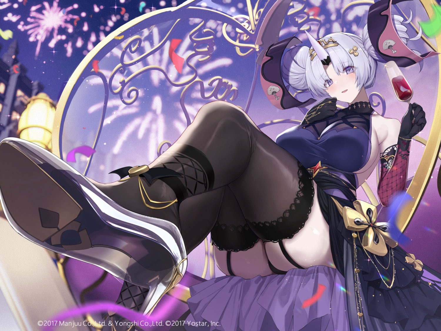 azur_lane heels horns no_bra pantsu skirt_lift stockings thighhighs thong untsue watarase_(azur_lane)