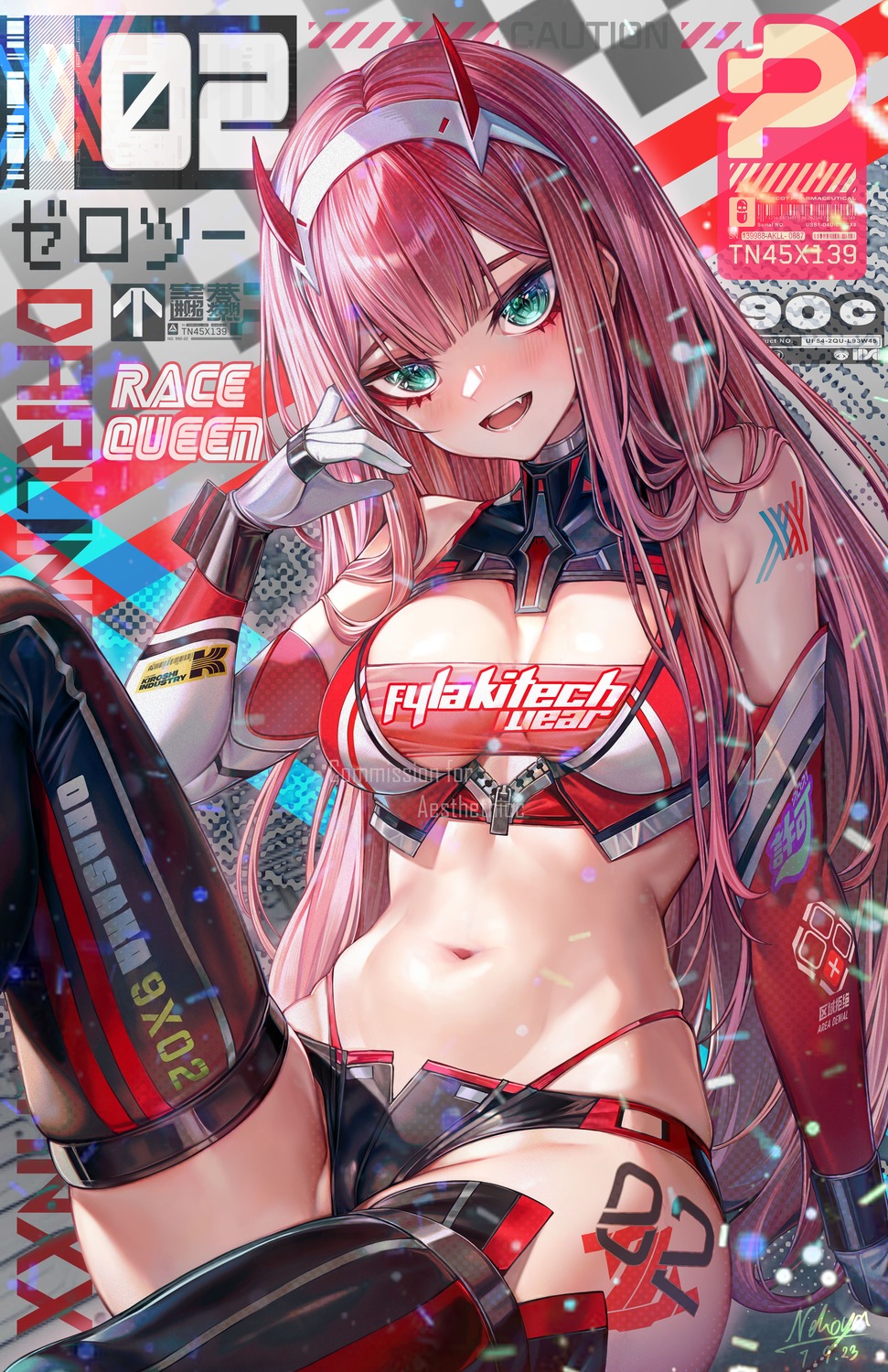 cameltoe darling_in_the_franxx horns nekodayo22 no_bra see_through tattoo thighhighs zero_two_(darling_in_the_franxx)