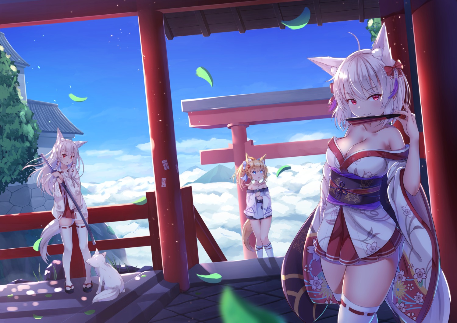 animal_ears cleavage japanese_clothes kitsune miko mirufuaa no_bra open_shirt tail thighhighs