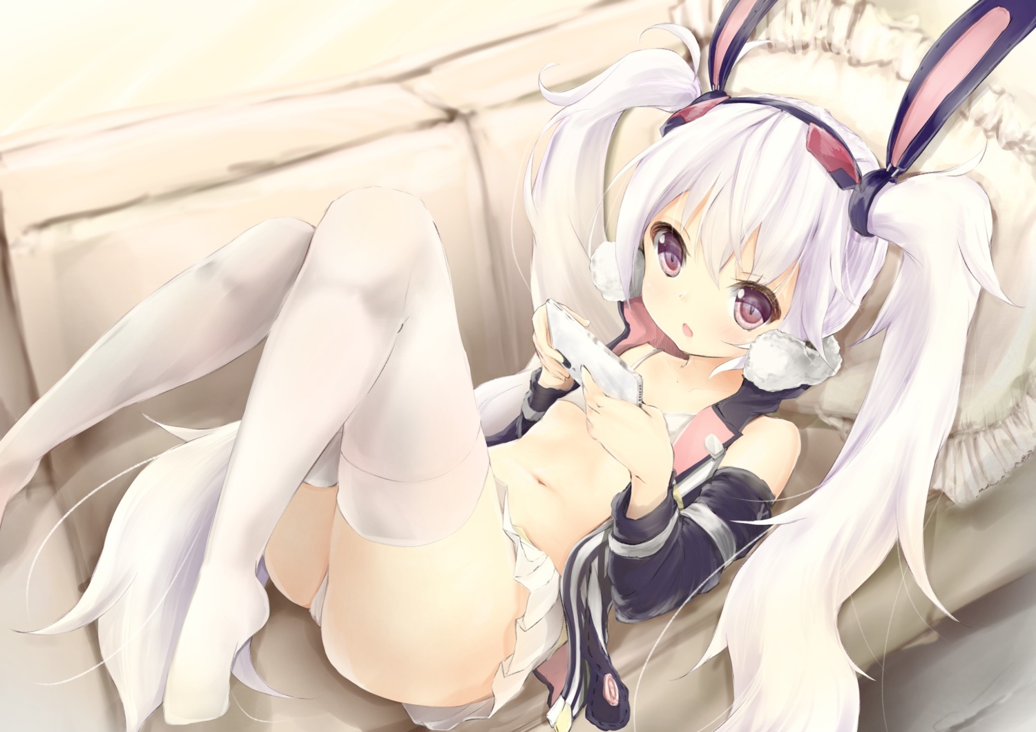 animal_ears azur_lane bra bunny_ears laffey_(azur_lane) maru_shion open_shirt pantsu thighhighs thong