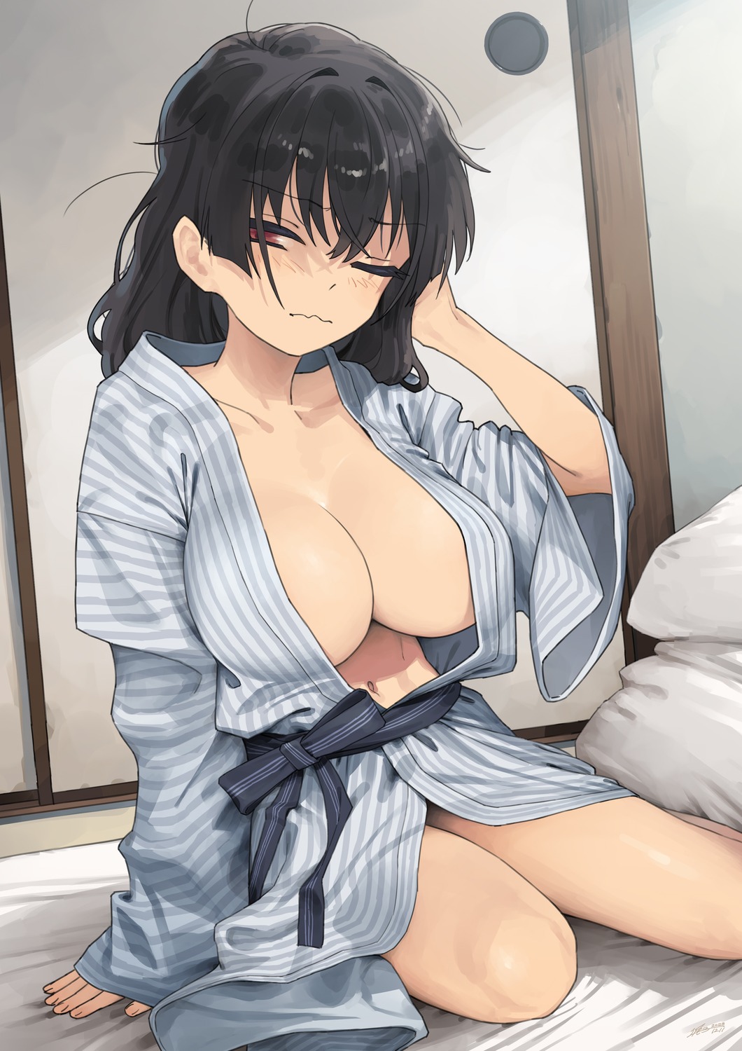 gaki_kyonyuu kaedeko_(kaedelic) no_bra open_shirt sasaki_kanna yukata