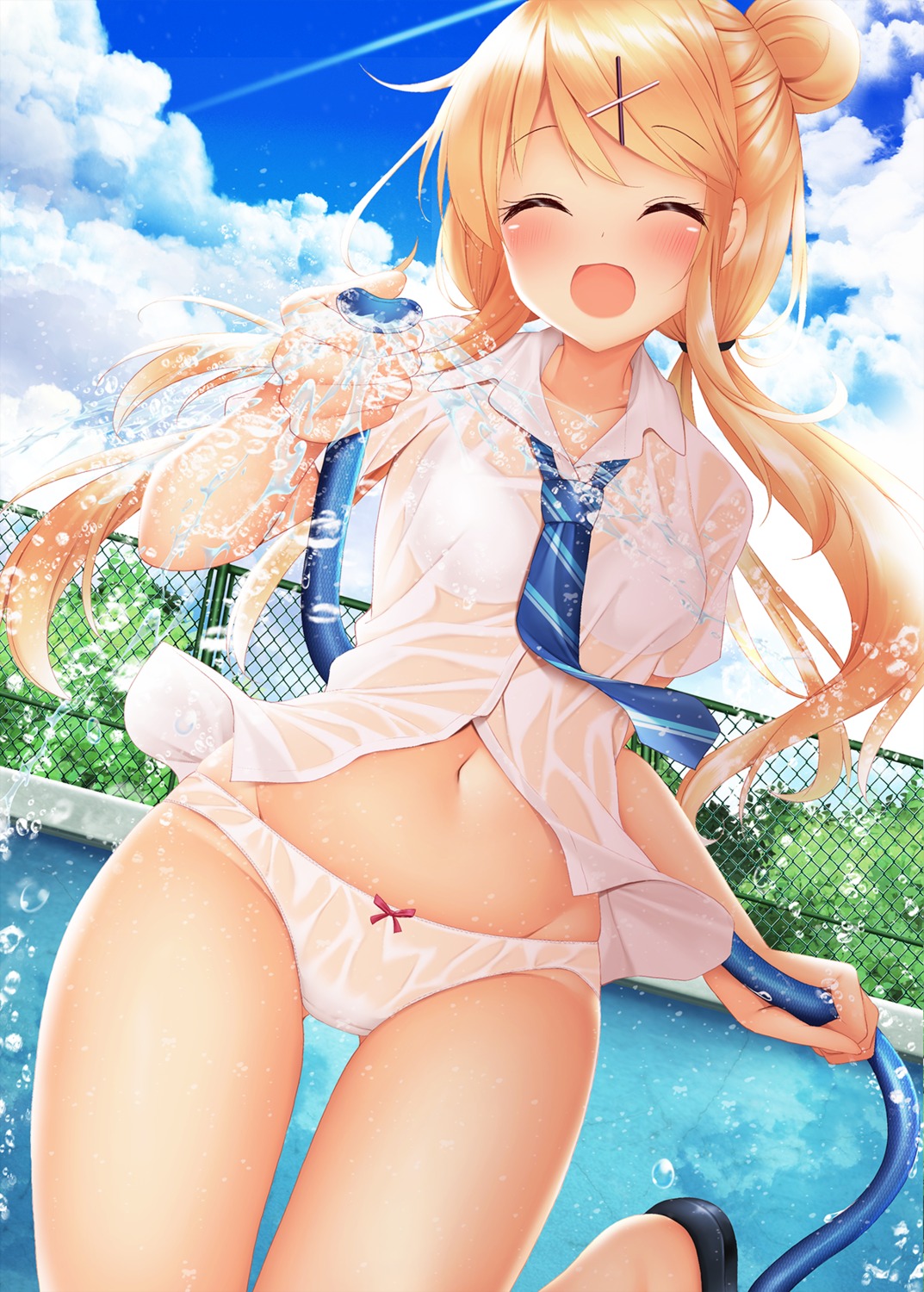 bra kin'iro_mosaic kujou_karen minato_ojitan pantsu see_through seifuku shirt_lift wet wet_clothes