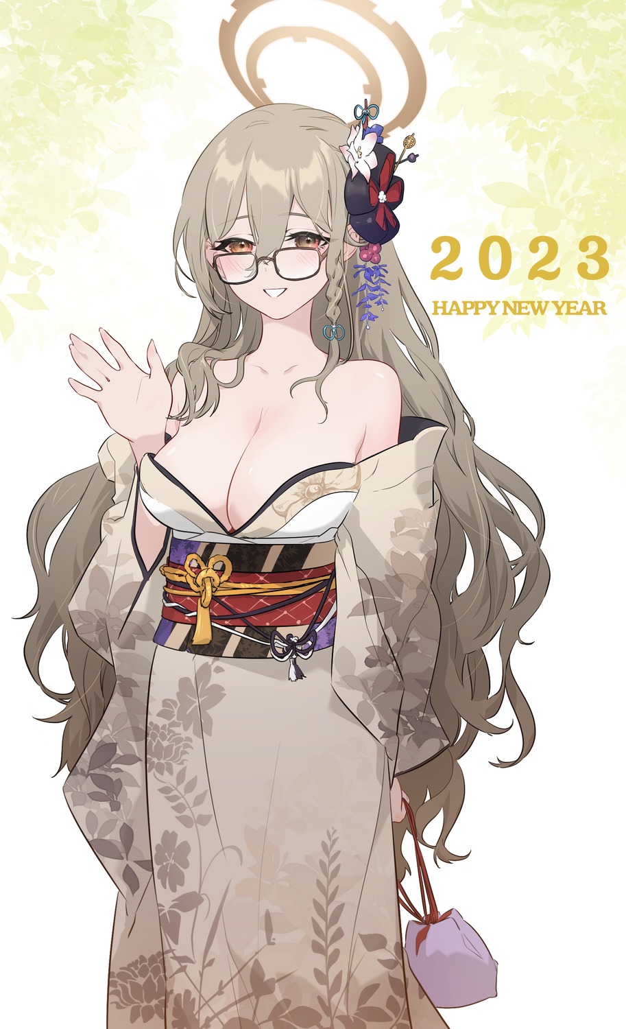 blue_archive halo jjjsss kimono megane murokasa_akane no_bra open_shirt