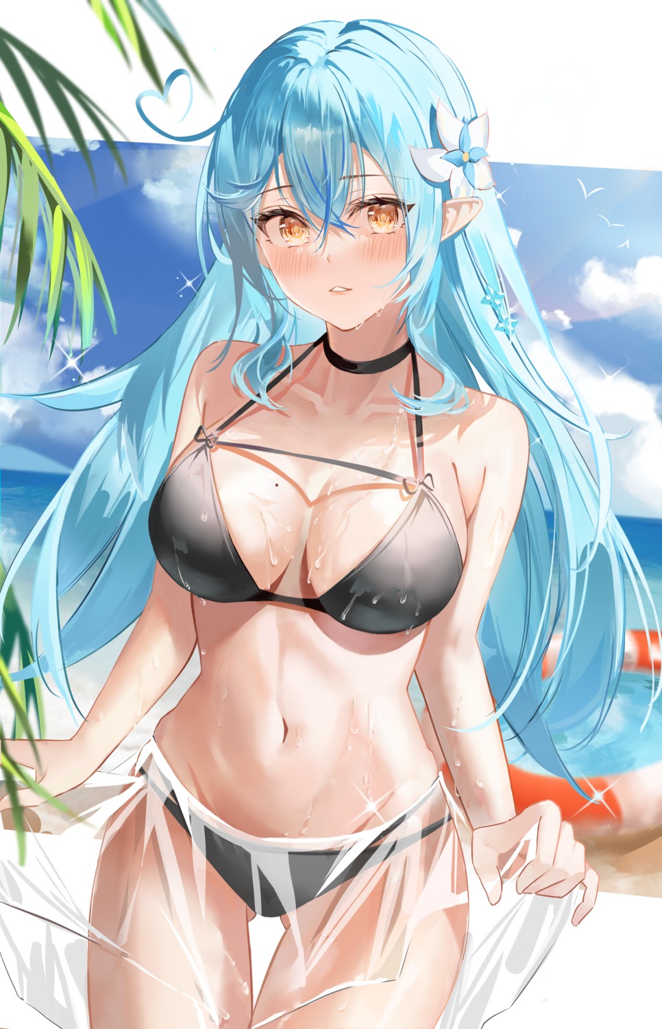 bikini elf hao_827 hololive pointy_ears see_through skirt_lift swimsuits wet yukihana_lamy