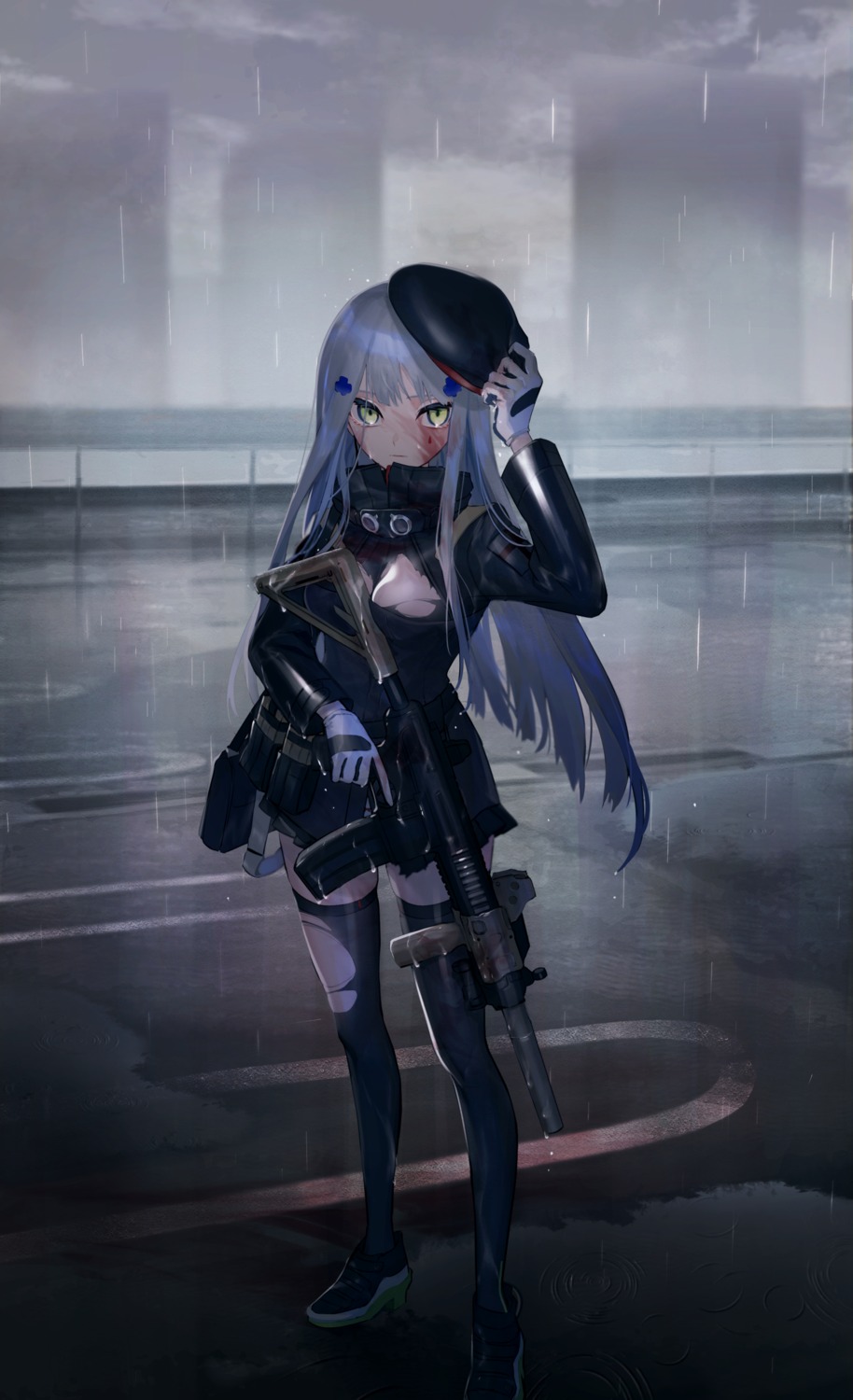 girls_frontline gun no_bra thighhighs torn_clothes wet