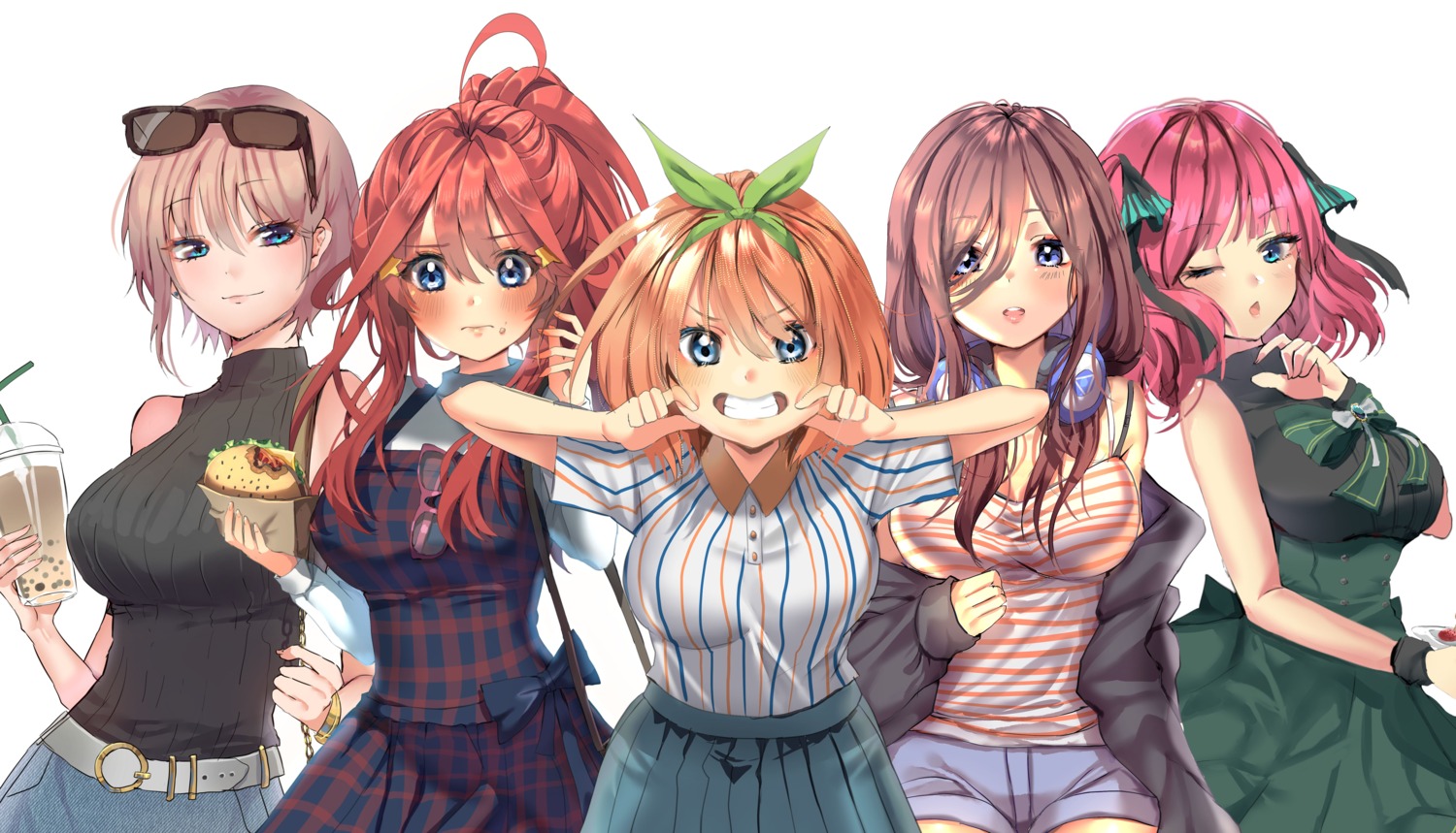 5-toubun_no_hanayome breast_hold cleavage dress headphones kuini megane nakano_ichika nakano_itsuki nakano_miku nakano_nino nakano_yotsuba sweater